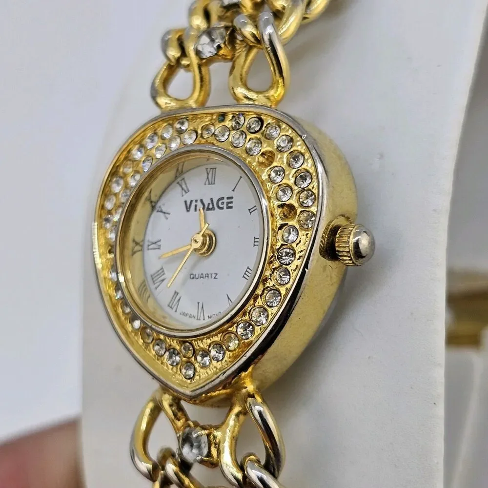 Visage Women's Watch Hearts 21MM White Dial Gold Bracelet Band 6.5